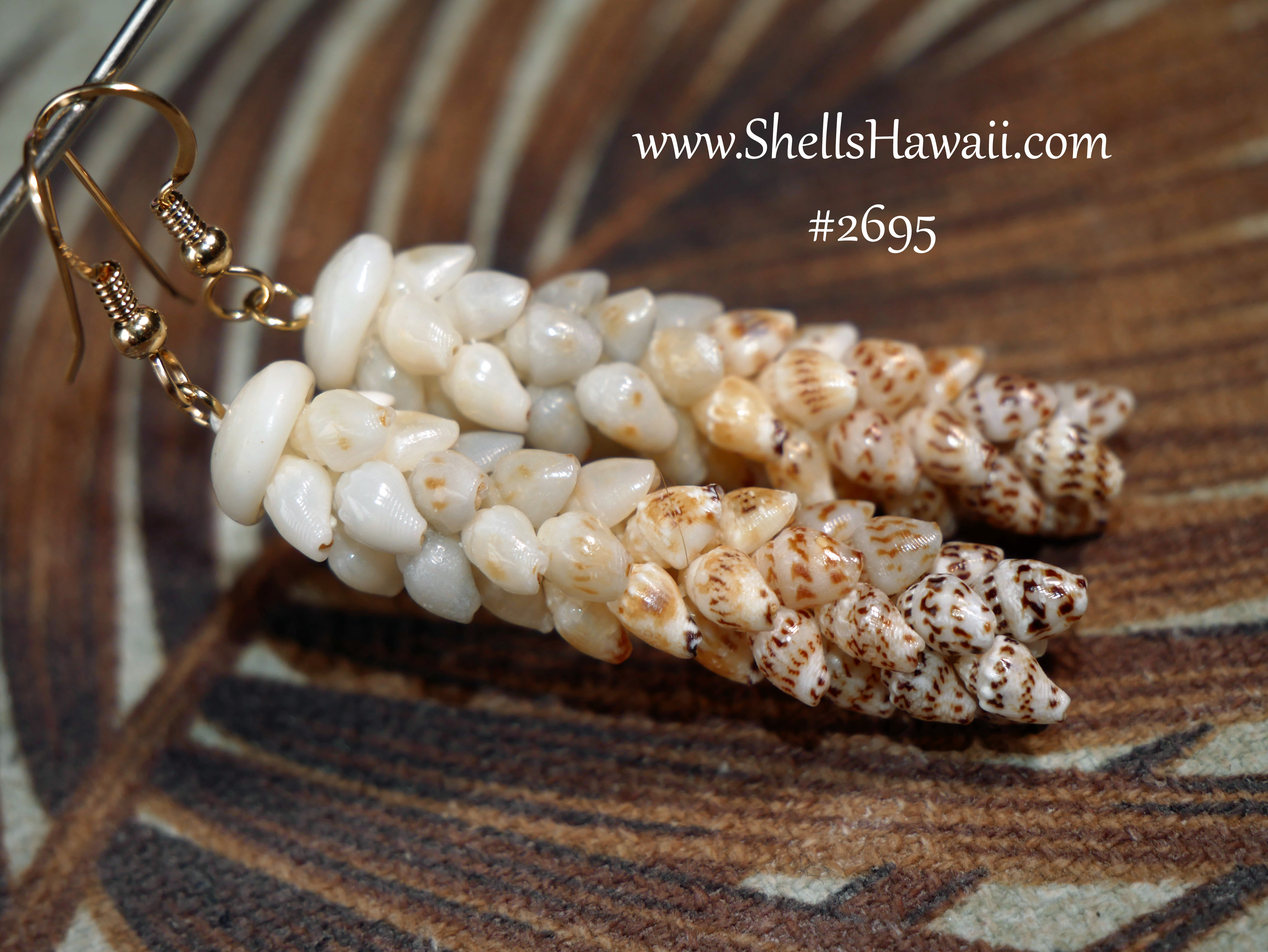 pikake earrings made with momi shells, niihau shell earrings