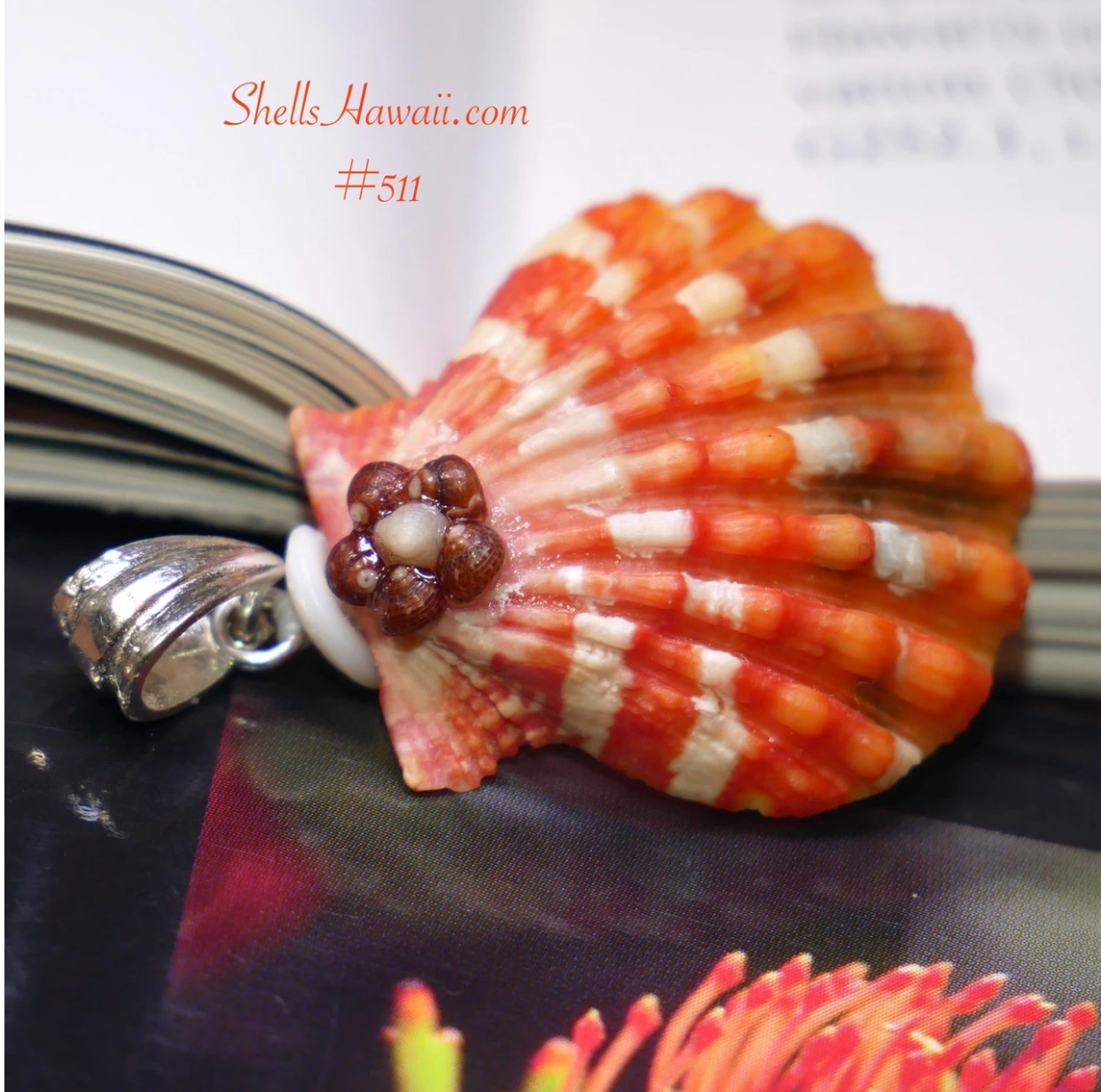 Orange Hawaiian Sunrise shell pendant accented with a brown Kahelelani shell flower and silver bail.