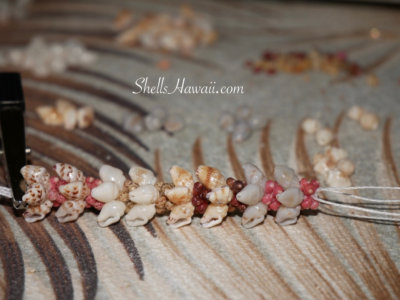 Close-up of Momi and colorful Kahelelani shells being tied together to create a traditional Kipona style Niʻihau shell lei.