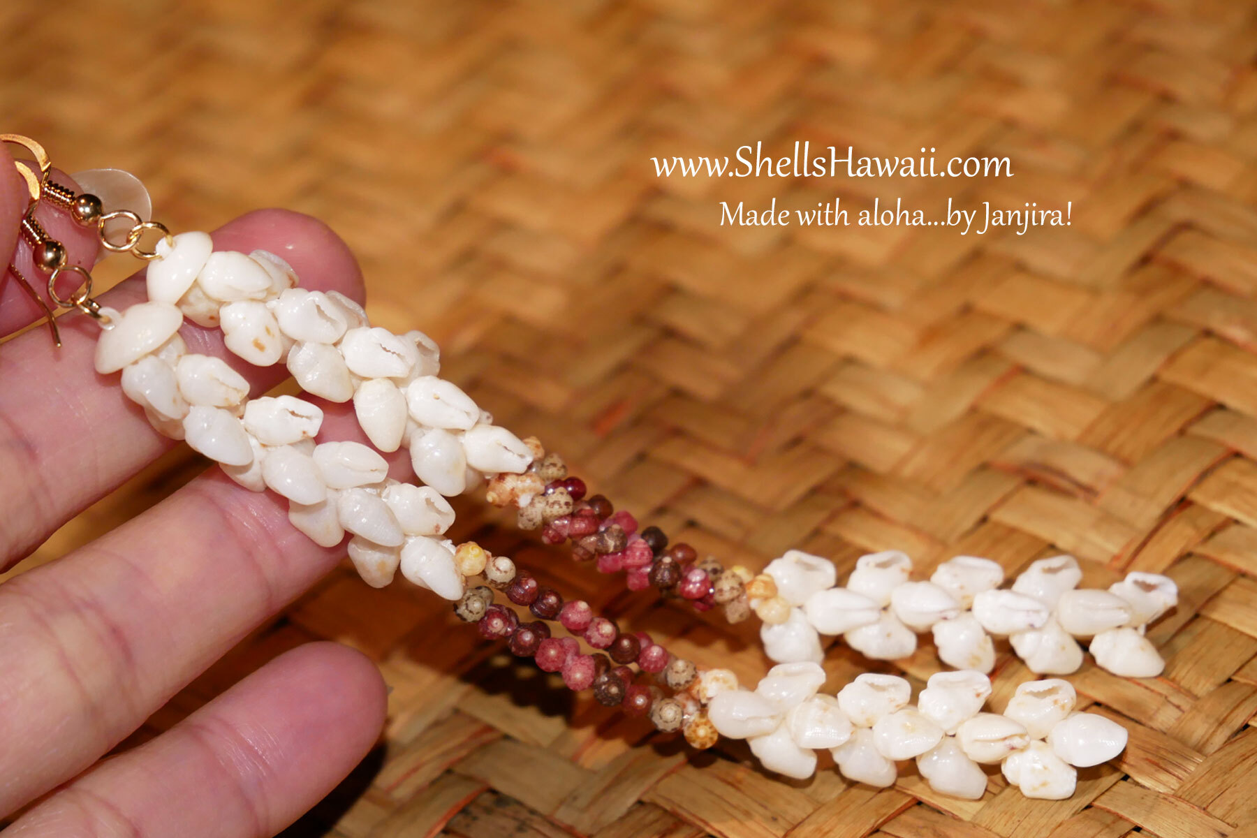 Niʻihau shell Kipona style earrings featuring white Momi shells with yellow Kamoa tones and Kahelelani shells in red burgundy, brown, pink, and green, designed in a delicate mixed-shell arrangement, shown as dainty and lightweight Hawaiian shell jewelry with soft natural color variation.