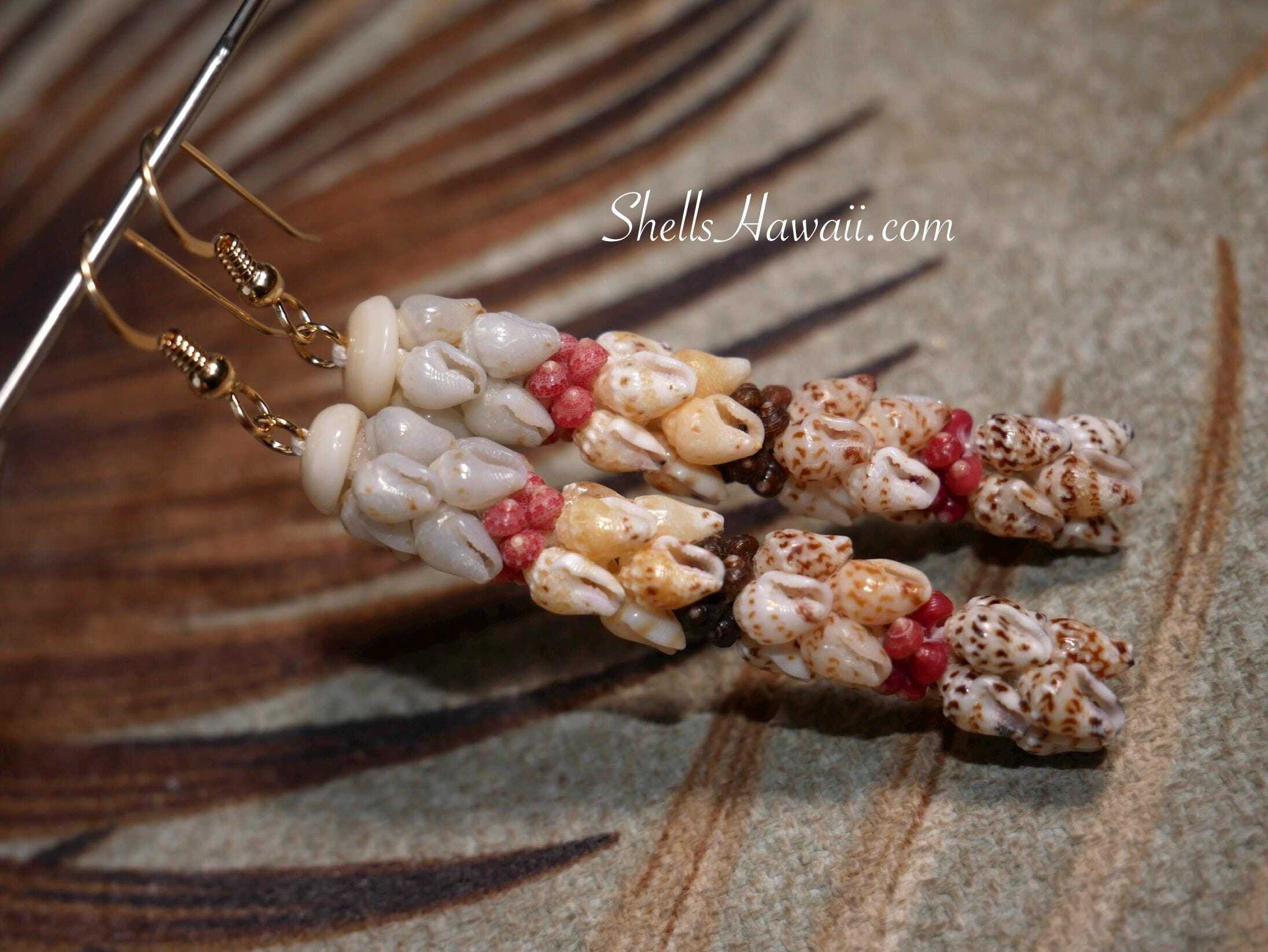 Custom Hawaiian shell earrings made with Momi and Kahelelani shells, handcrafted as part of a one-of-a-kind custom order by ShellsHawaii