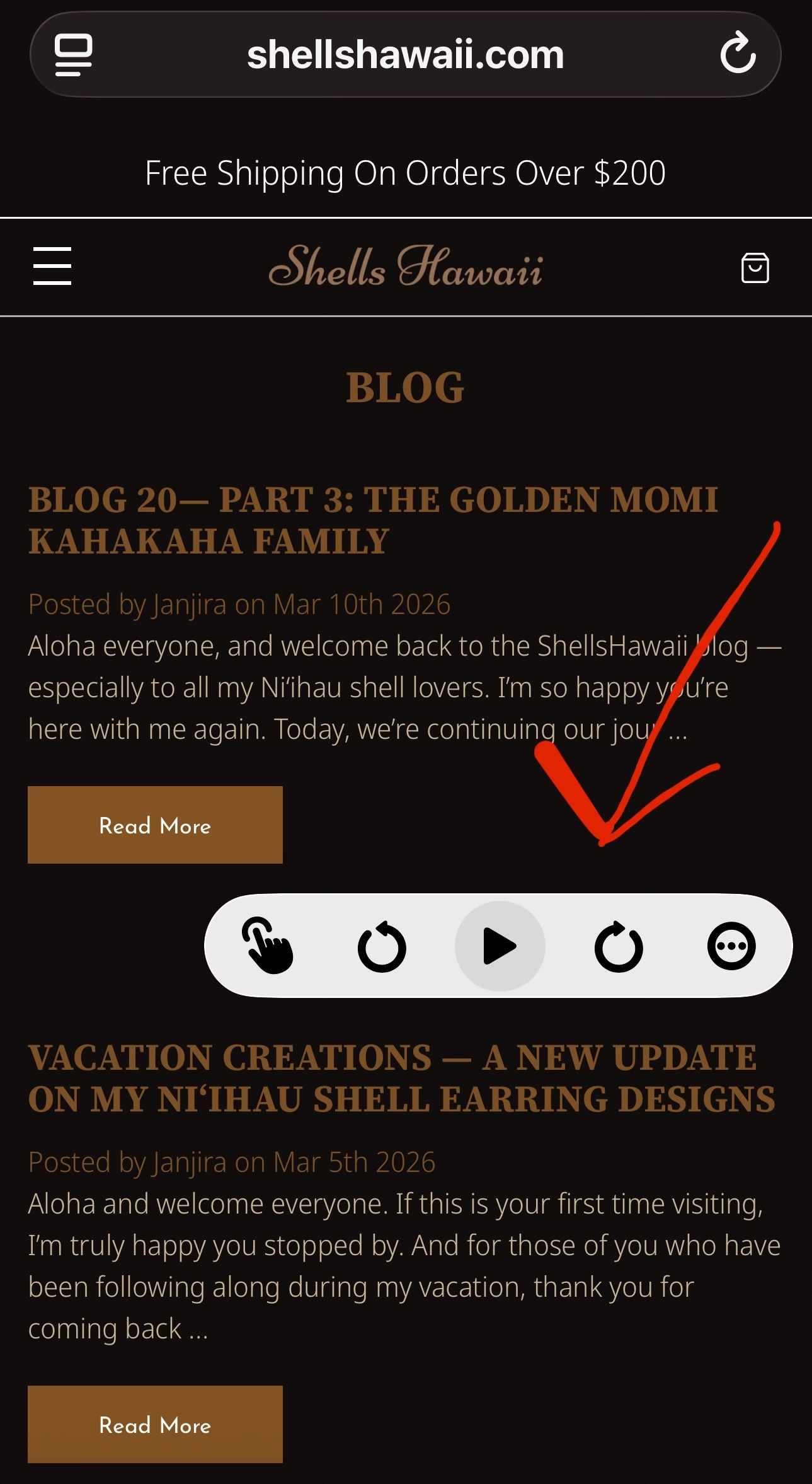 iPhone screen showing text-to-speech control reading ShellsHawaii blog &ndash; new way to learn Niʻihau shell jewelry, beginner guide to Niʻihau shells and behind the scenes stories on ShellsHawaii.com