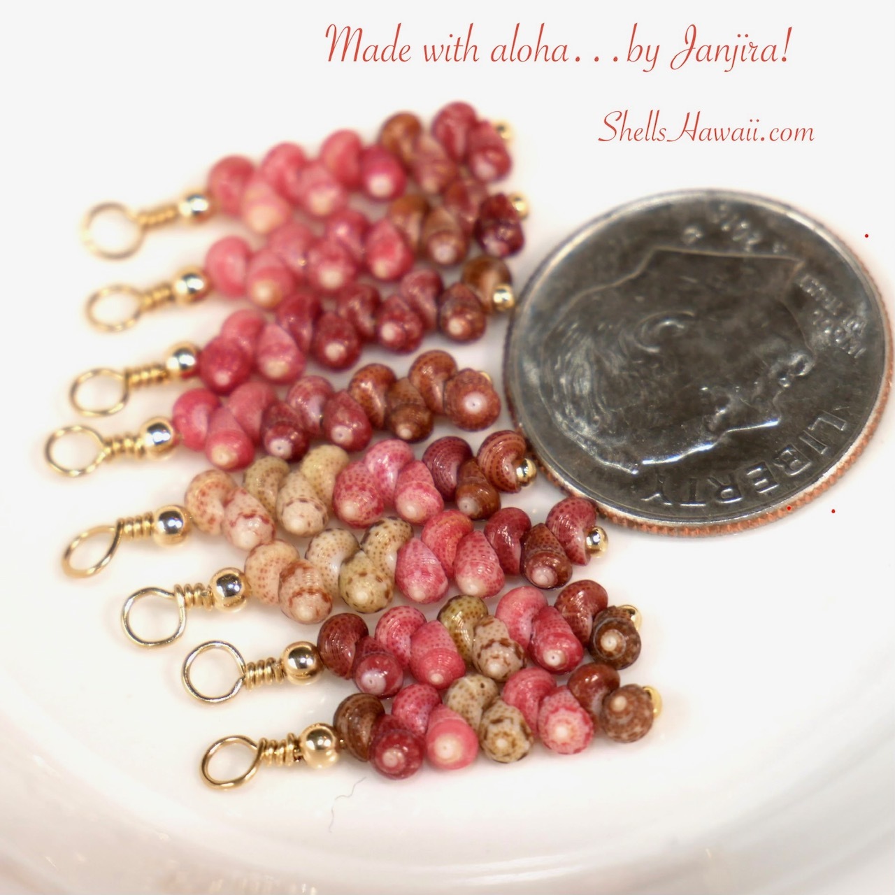 Close-up of minimalist handmade Hawaiian shell jewelry earrings featuring tiny colorful Kahelelani shells from Niʻihau size 10 before hooks are attached, shown next to a dime for size comparison, dainty Niʻihau shell earrings gift under $150