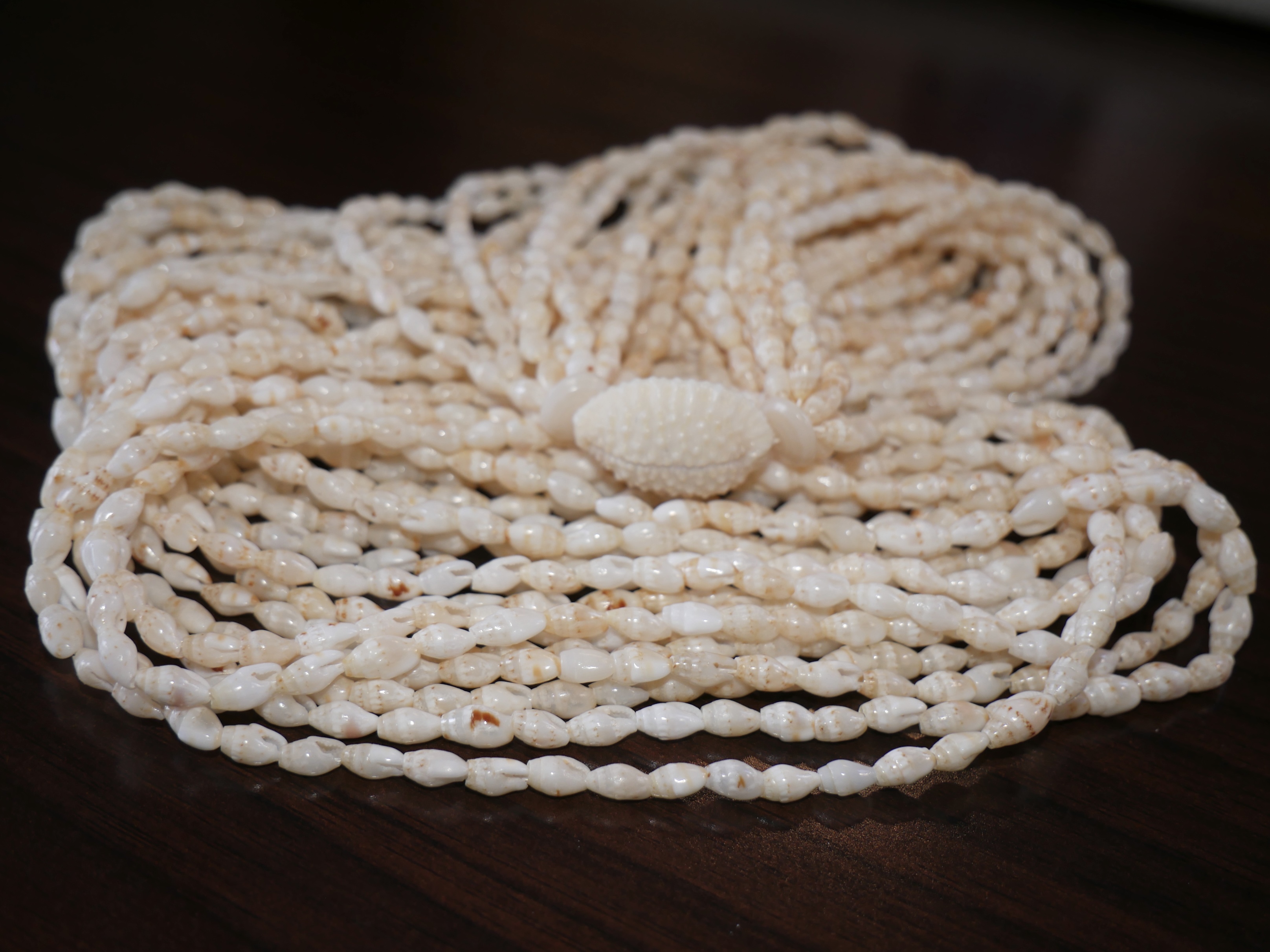 Close-up of a finished Niʻihau Laiki shell lei with the waha fully cleaned, showing how removing sand allows the shells&rsquo; natural luster to emerge and gives the lei a clean, smooth, and balanced appearance.
