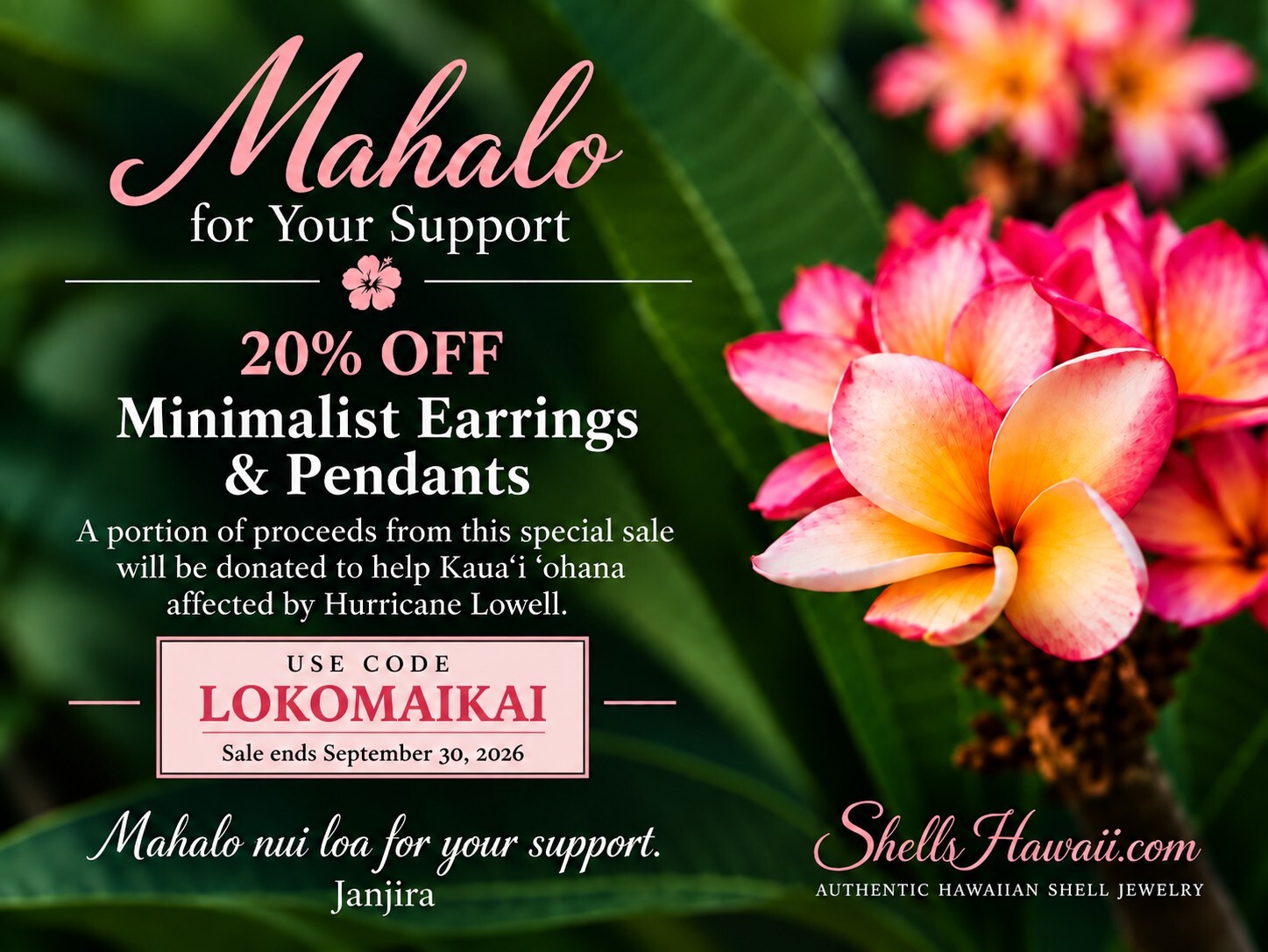 20% off Minimalist Niʻihau shell earrings and pendants supporting Kauaʻi ʻohana affected by Hurricane Lowell