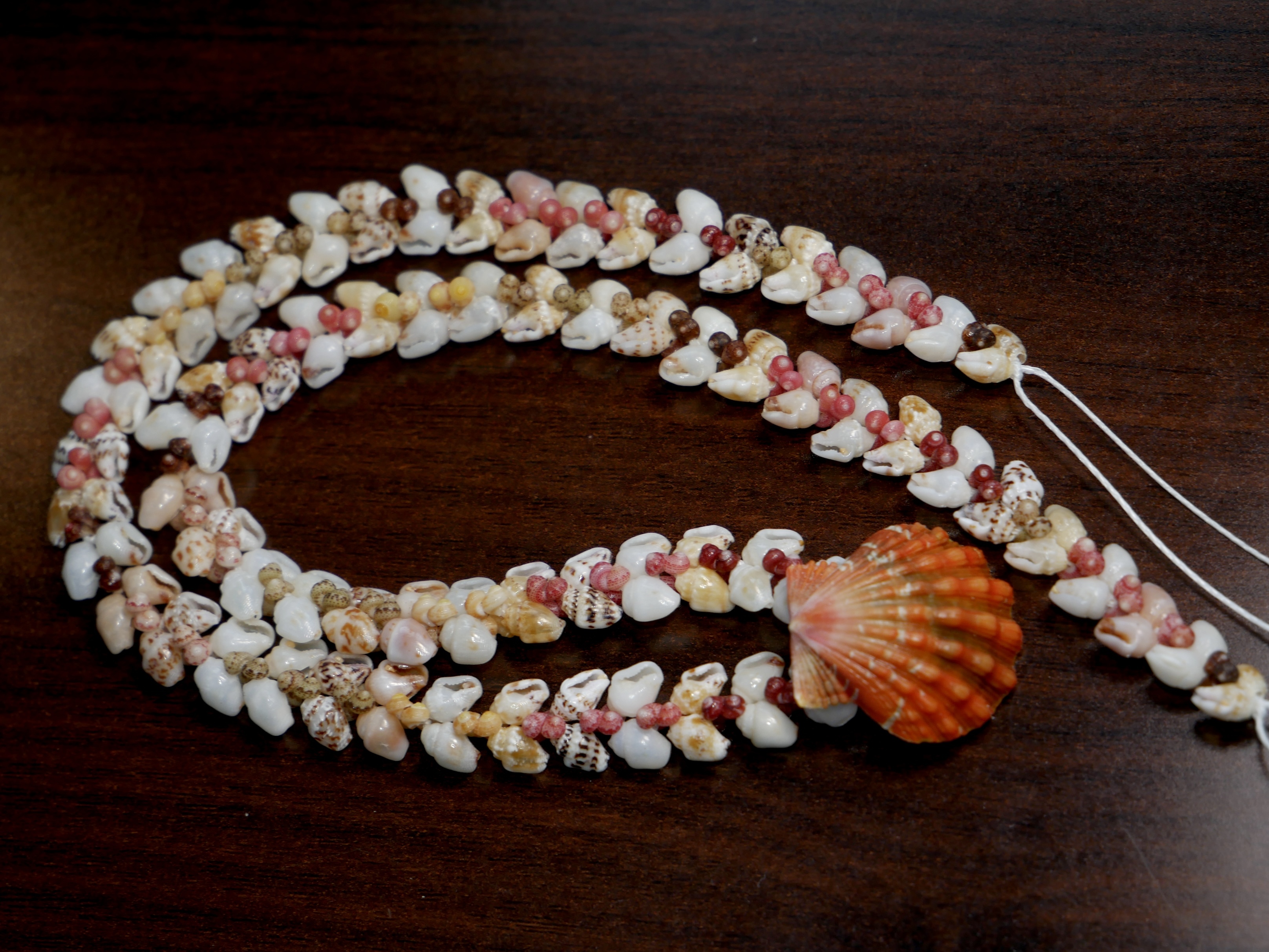Heliconia-style Niʻihau shell lei made with genuine Momi and Kahelelani shells in unique natural pink, cream, yellow, and spotted tones, accented with a vibrant sunrise shell from Oʻahu and flowing tropical-inspired patterns