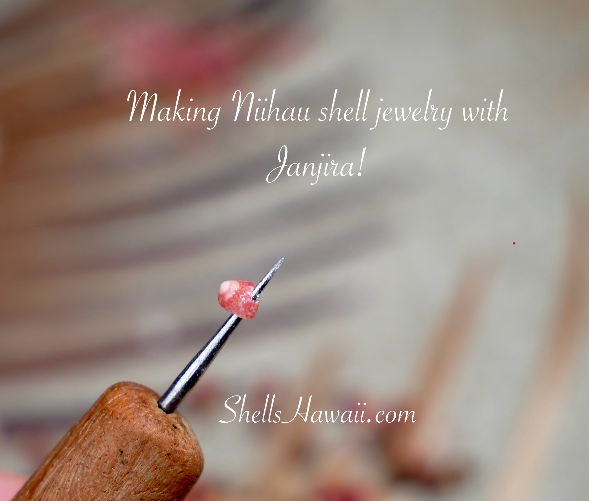 Niʻihau shell jewelry making process close-up with fine poking tool holding tiny pink Kahelelani shell, macro detail of Hawaiian shell jewelry crafting tool ready for stringing