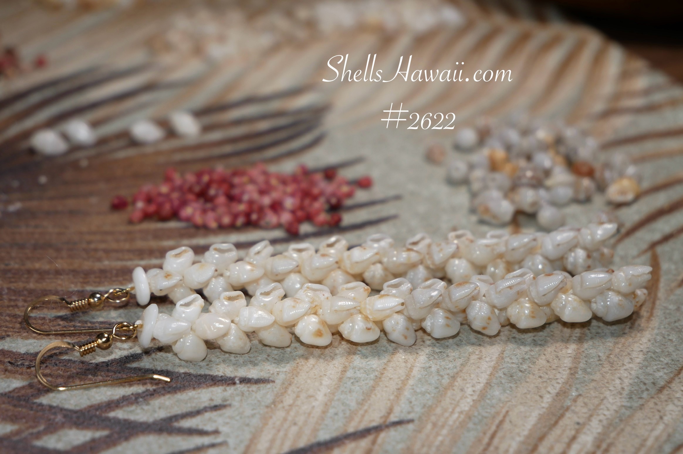 Niʻihau Momi shell earrings in traditional Pikake ombre style, handcrafted with genuine Niʻihau shells in creamy off-white keʻokeʻo (Momi Tuaʻula) and soft light blue ʻŪliʻuli tones, arranged in double rows with smooth color transition, shown with sorted Kahelelani and Momi shells in the background to highlight shell variety, size consistency, and detailed craftsmanship, finished with 14k gold filled hooks and designed as lightweight, elegant Hawaiian shell jewelry for everyday wear or meaningful gifts.