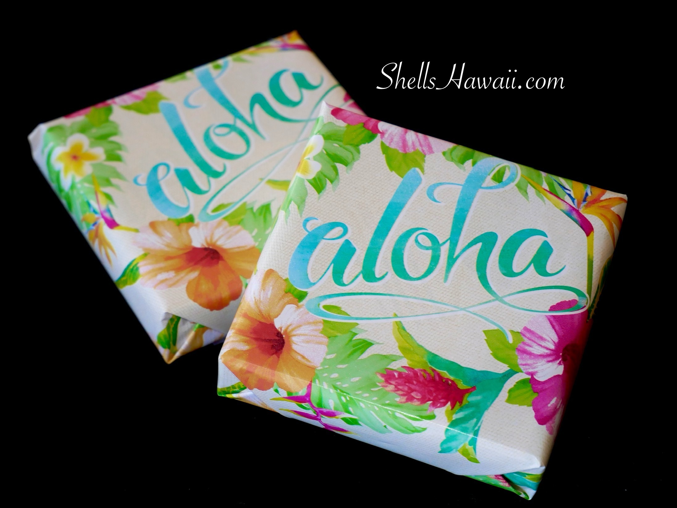 Aloha floral gift wrap used for Niʻihau shell jewelry, island-inspired design wrapped with care and aloha by ShellsHawaii