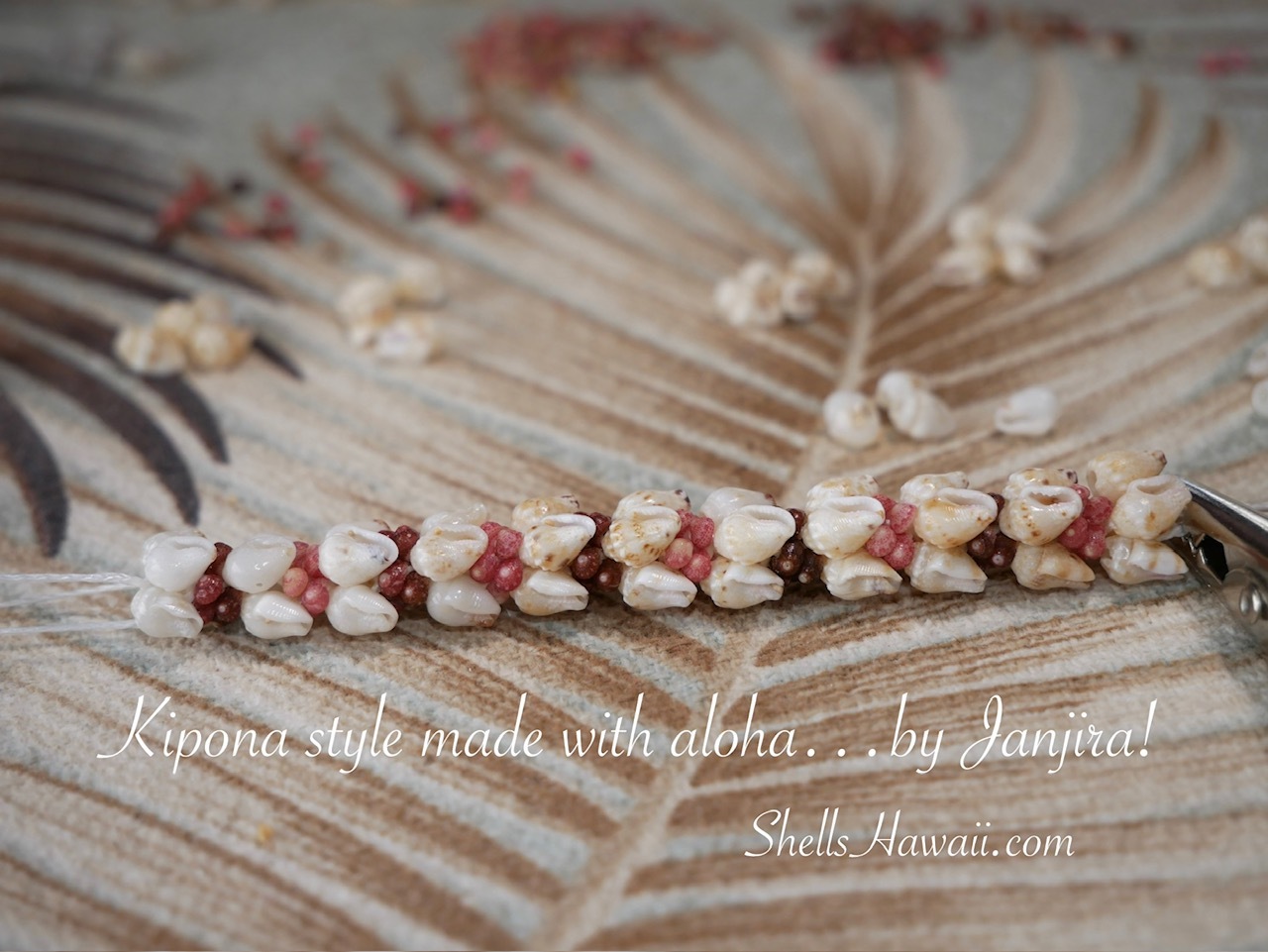 Close up process of creating a Kipona style Niʻihau shell bracelet featuring Momi and tiny size 10 Kahelelani shells from Niʻihau. The image highlights the detailed matching of shell sizes, balanced color flow, and careful placement of identical Momi shells with pink and brown Kahelelani shell accents used in authentic Hawaiian shell jewelry making.